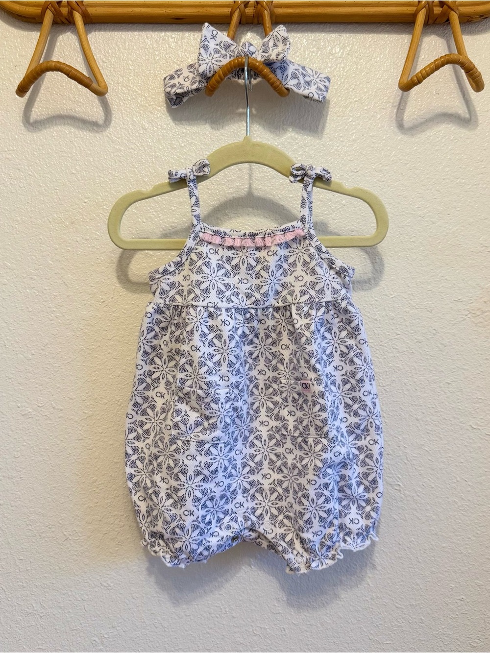 Calvin Klein White and Blue Floral Bubble Romper with Bow Headband